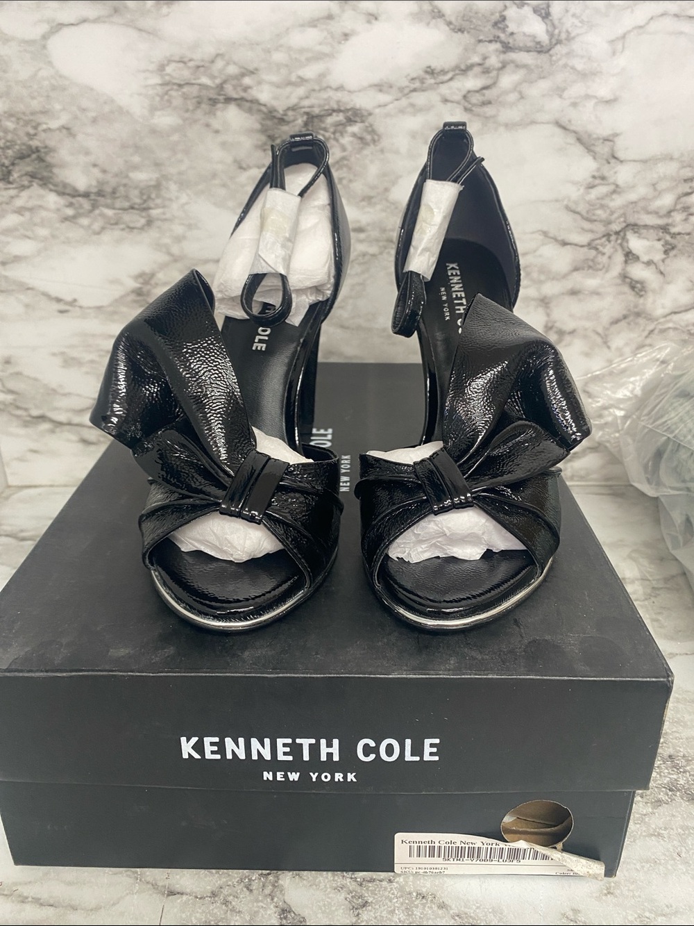 Kenneth Cole Black Patent Bow Open-Toe Ankle Strap Heels